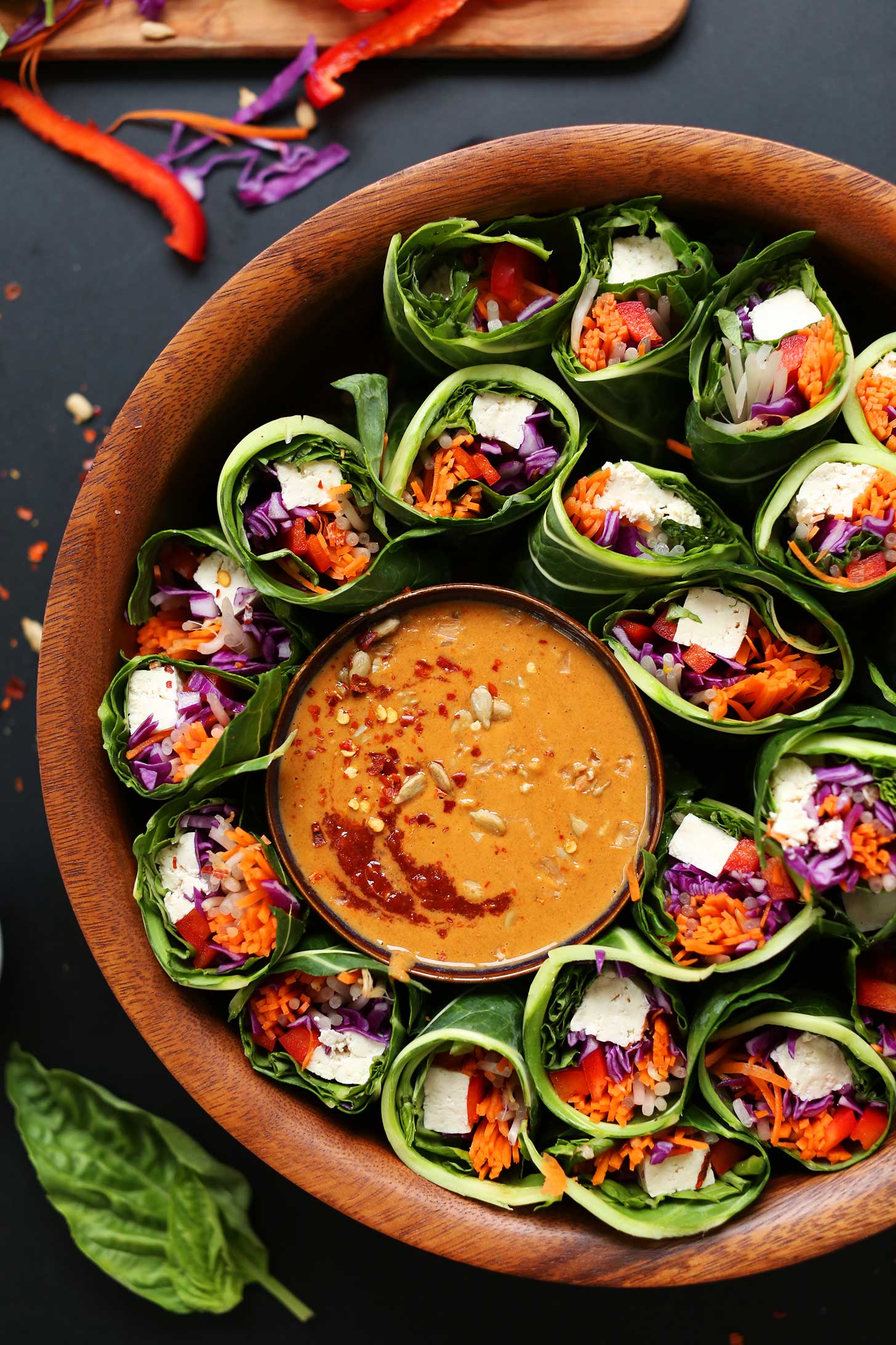Healthy, hearty vegan spring rolls with sunflower butter dipping sauce