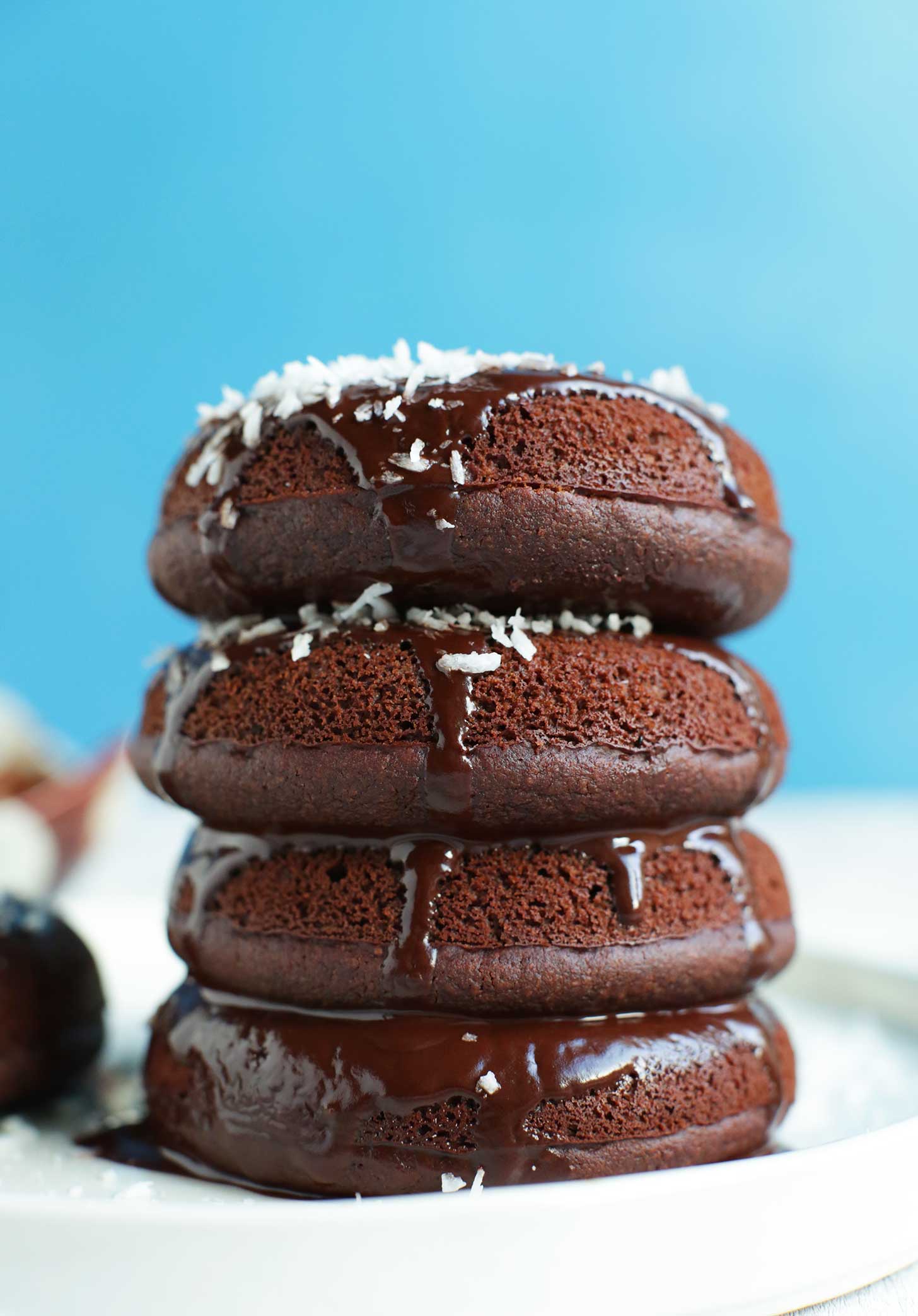 Stack of our healthy & easy to make Baked Chocolate Donuts
