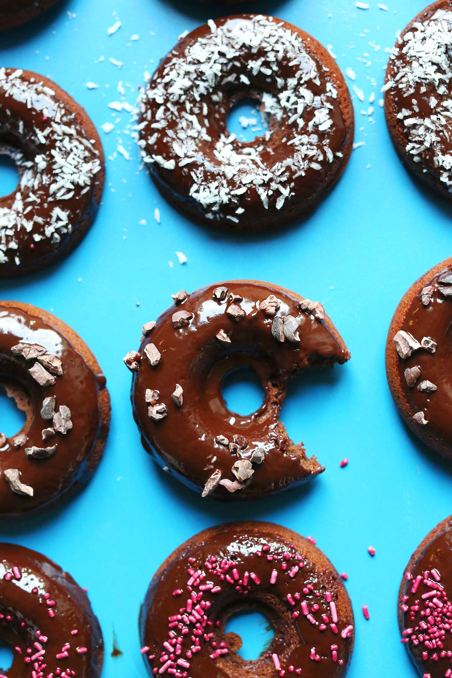 Easy Baked Chocolate Donuts with different toppings for a tasty gluten-free treat