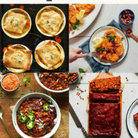 Photos of pot pies, chili, pasta, and more vegan holiday entrées that are delicious and simple