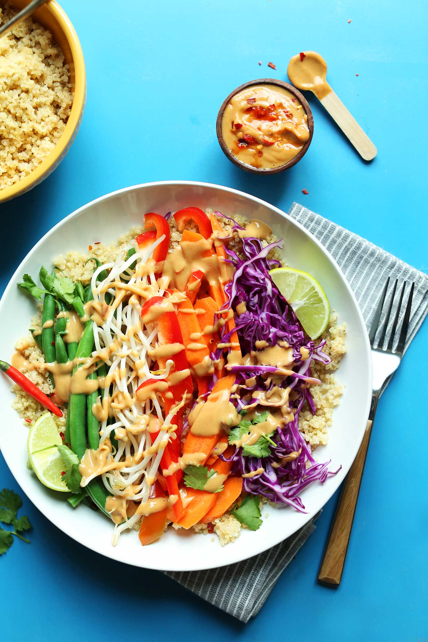 Hearty serving of our delicious vegan dinner of Quinoa Gado-Gado with Veggies and Spicy Peanut Dressing