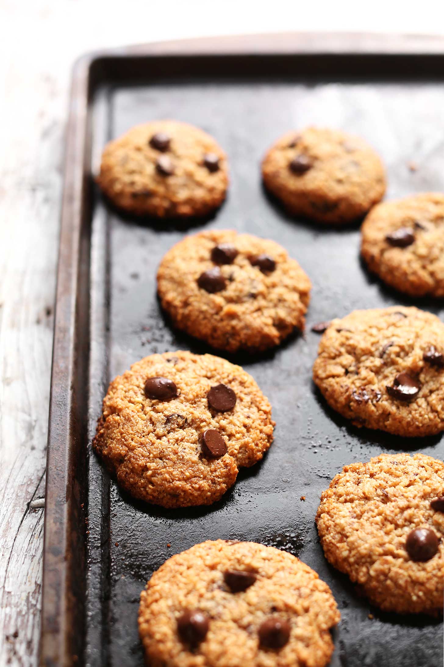 Baking sheet with vegan gluten-free Chocolate Chip Cookies