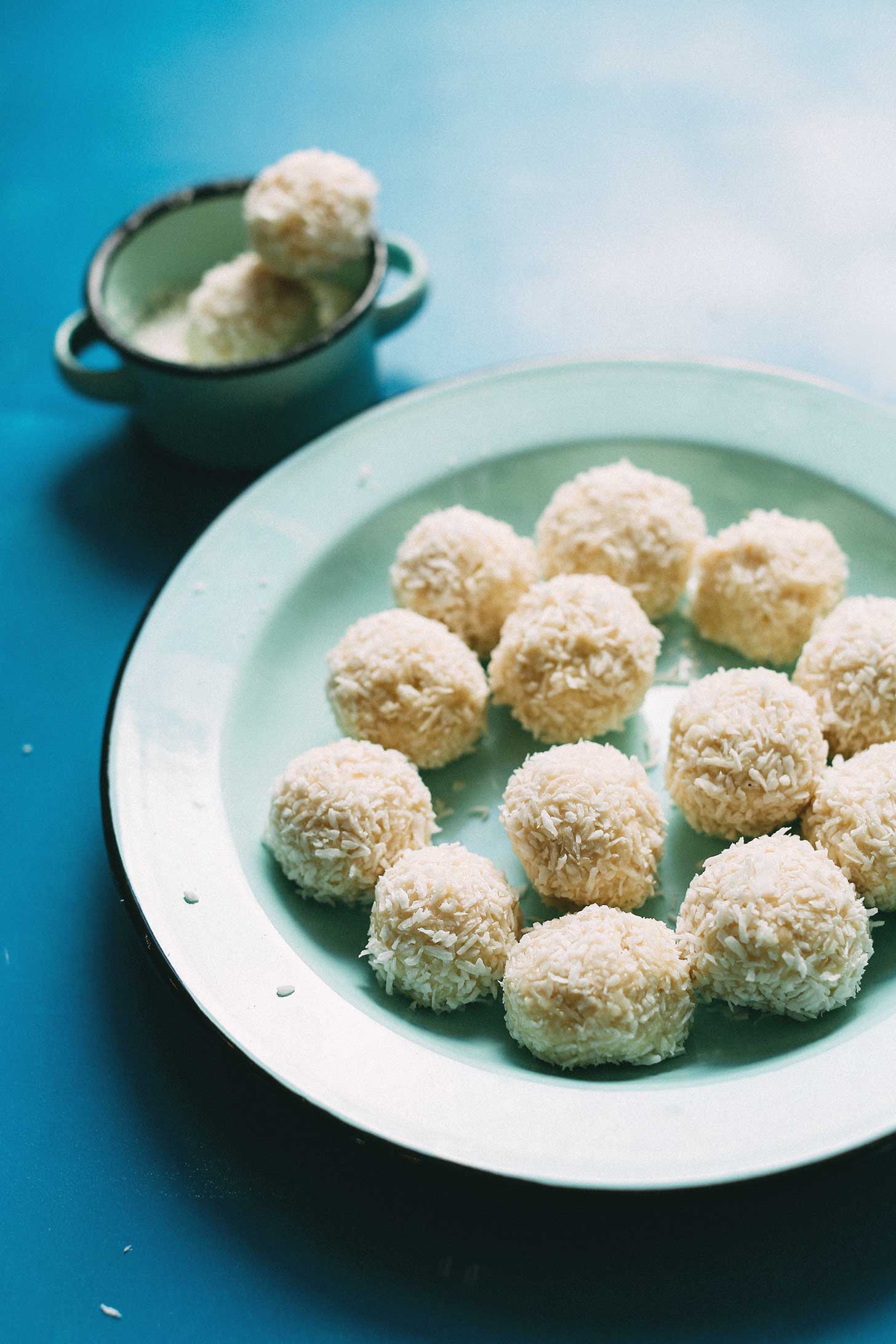 Plate with Vegan White Chocolate Truffles covered in coconut