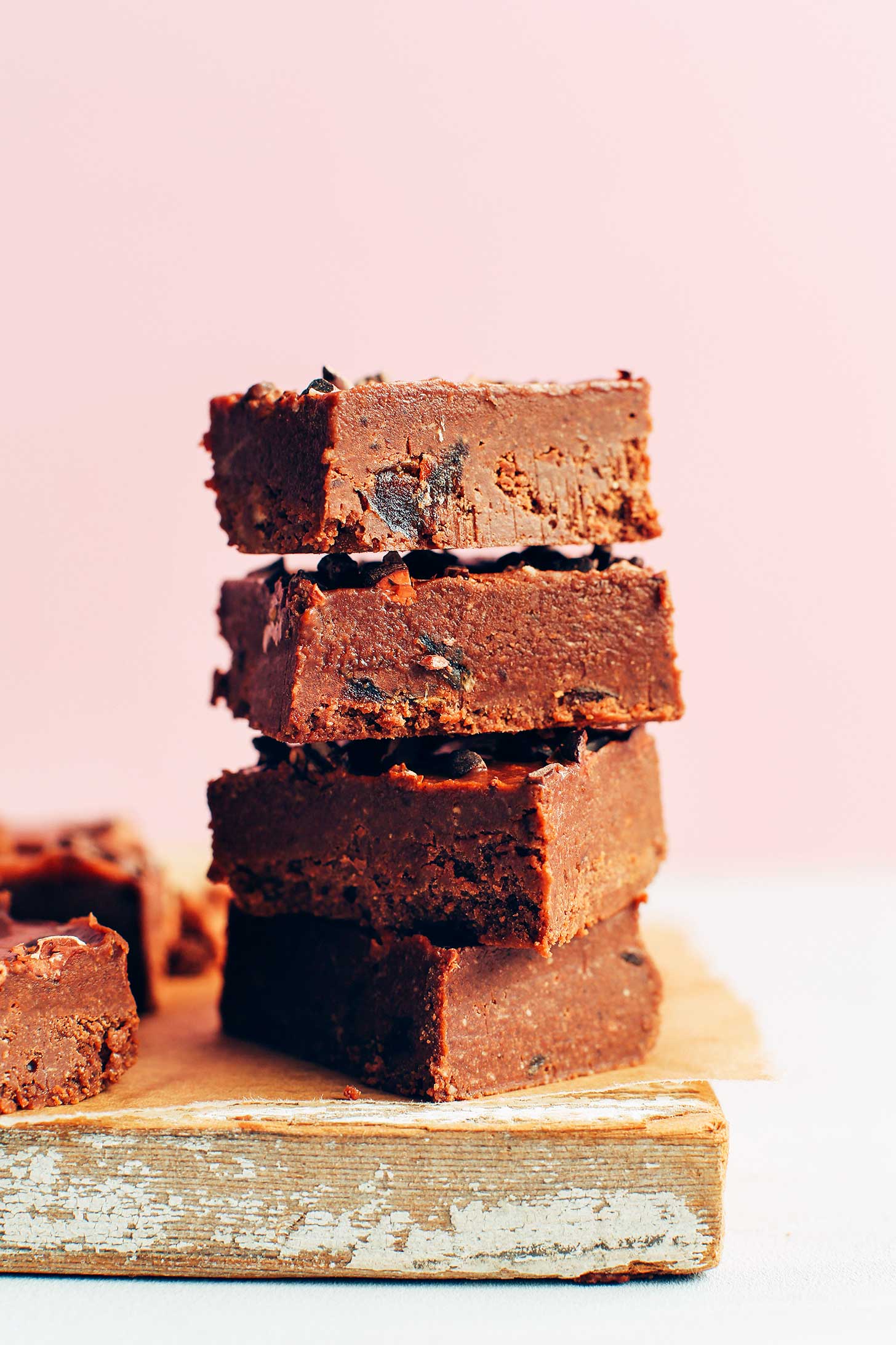 Stacked squares of dairy-free chocolate fudge