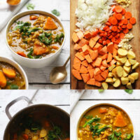 Photos of the process of making our vegan curried potato and lentil soup recipe