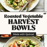 Overhead and angled views of our roasted vegetable harvest bowls made with quinoa