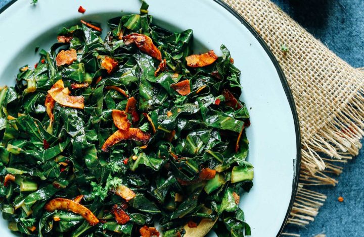 Plate of healthy vegan Collard Greens with Coconut Bacon