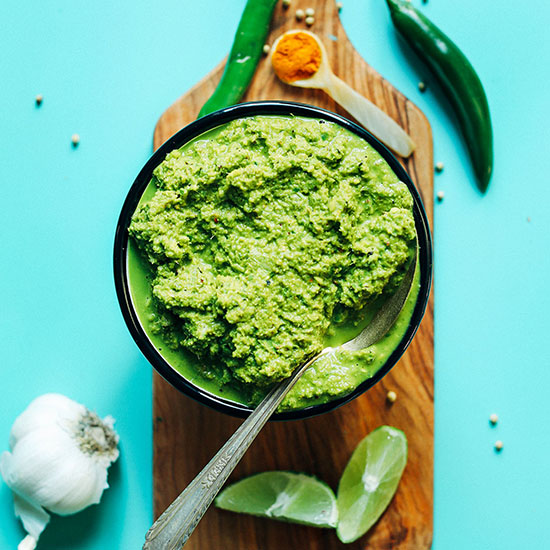 Bowl of our vibrant green homemade curry paste