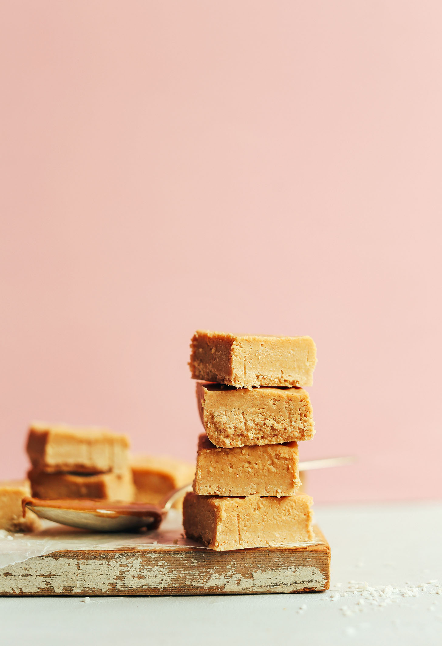 Stack of simple to make gluten-free vegan Peanut Butter Fudge