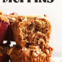 Stack of 1-bowl banana nut muffins with text above saying vegan and gluten-free