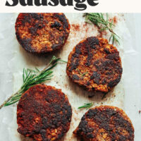 Vegan sausages with text above them reading spicy tempeh breakfast sausage just 1 bowl required