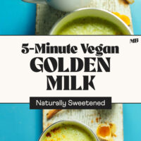 Overhead and angled views of mugs of our easy 5-minute vegan golden milk recipe