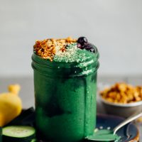 Mason jar containing our vegan Super Green Spirulina Smoothie recipe