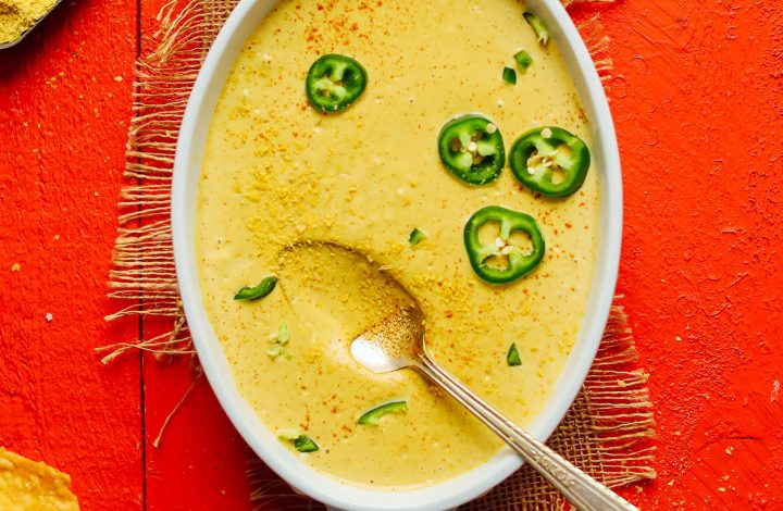Spicy Vegan Queso cheese dip in a serving dish