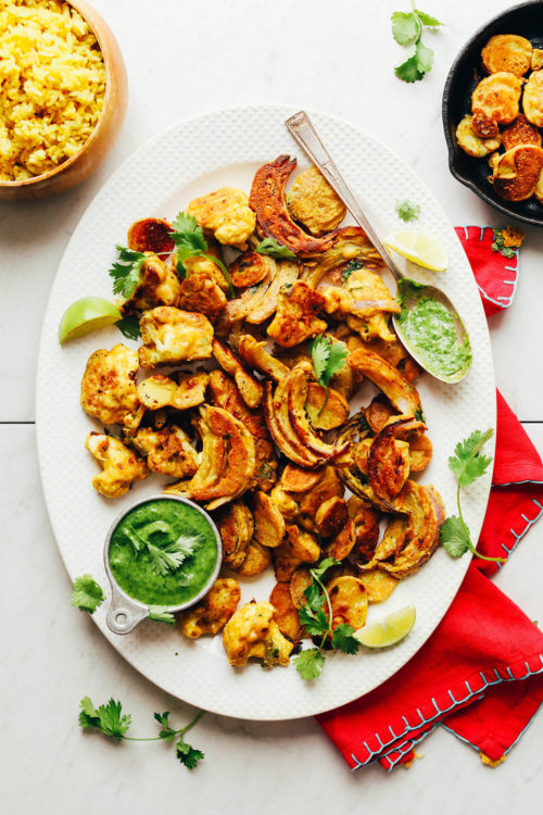 Platter filled with delicious pan-fried Vegetable Pakoras that are gluten-free and vegan