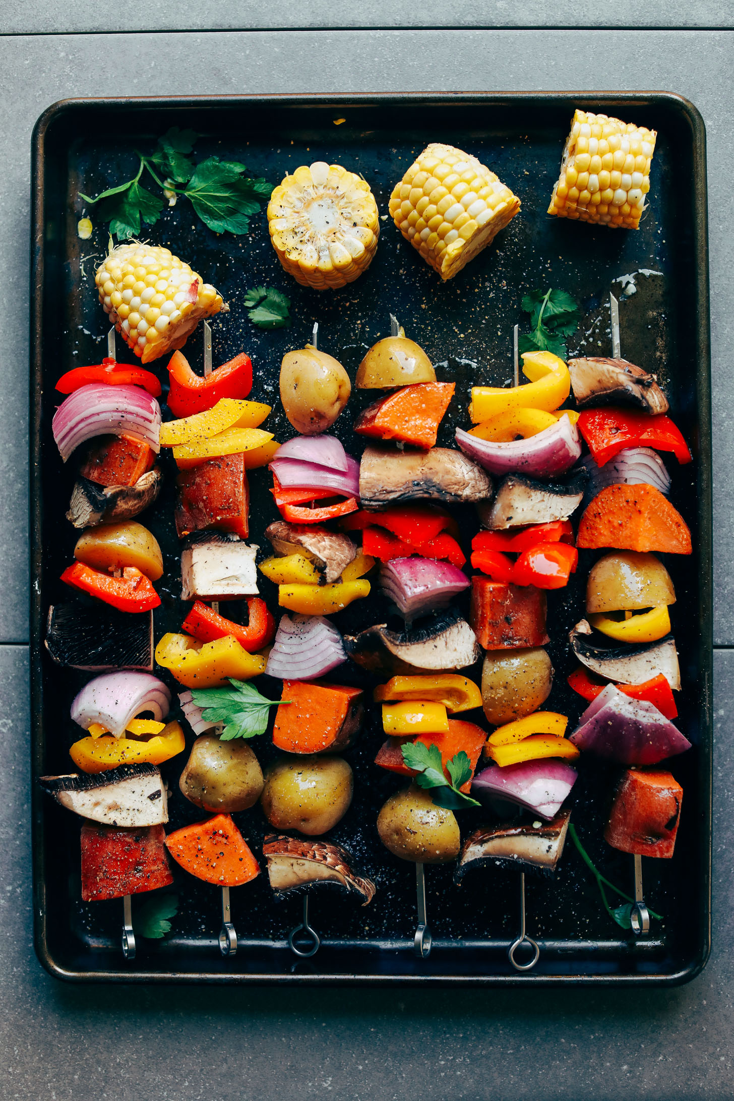 Vegan Grilled Skewers loaded with bell peppers, onion, potatoes, sweet potatoes, and mushrooms