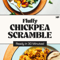 Plates of our fluffy chickpea scramble with text between saying ready in 30 minutes