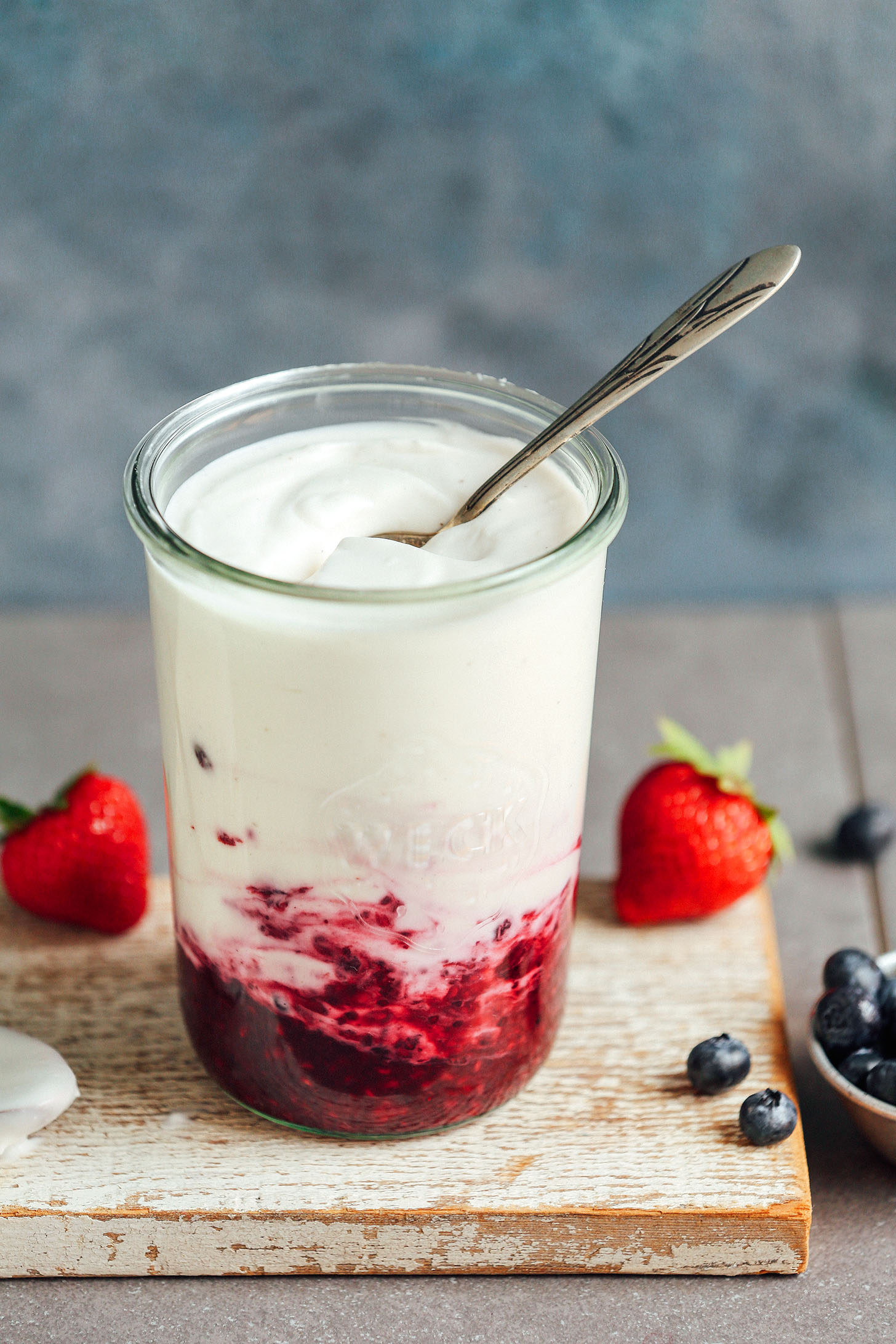 Large Weck jar filled with amazing 2-Ingredient homemade Coconut Yogurt and berry compote