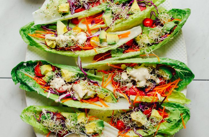 Platter full of gluten-free vegan Raw-Maine Taco Boats for a healthy plant-based meal