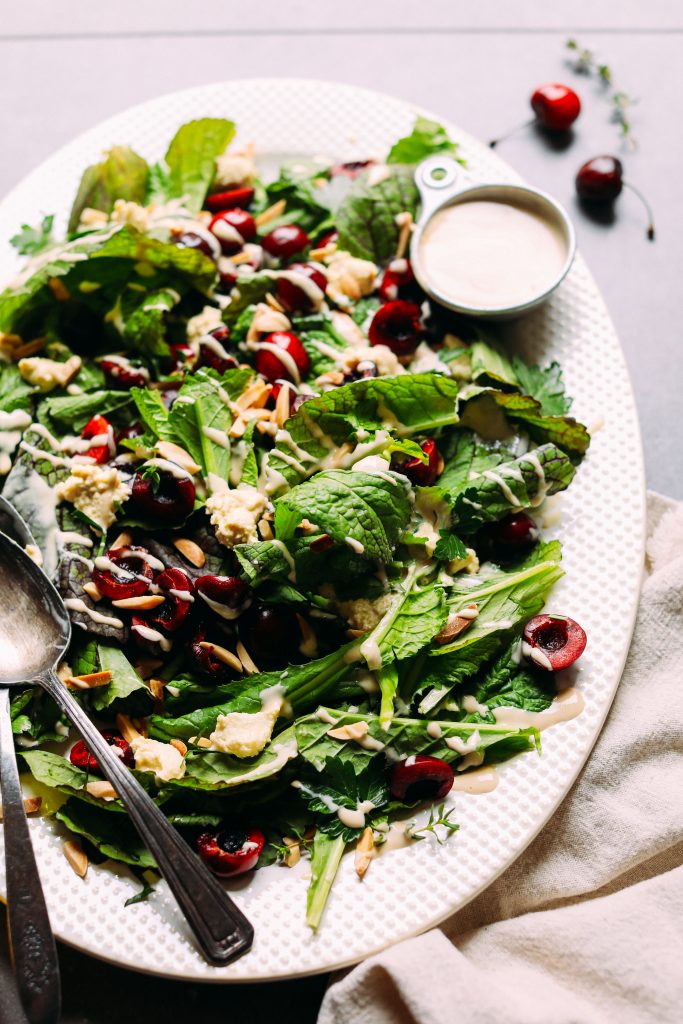 Mustard Green Cherry Salad & Tahini Dressing | Minimalist Baker Recipes