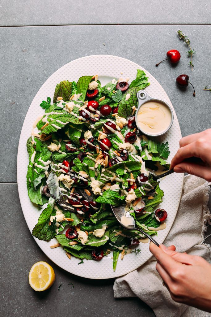 Mustard Green Cherry Salad & Tahini Dressing  Minimalist 