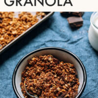 Bowl of vegan and gluten-free sea salt dark chocolate granola with a spoon in it