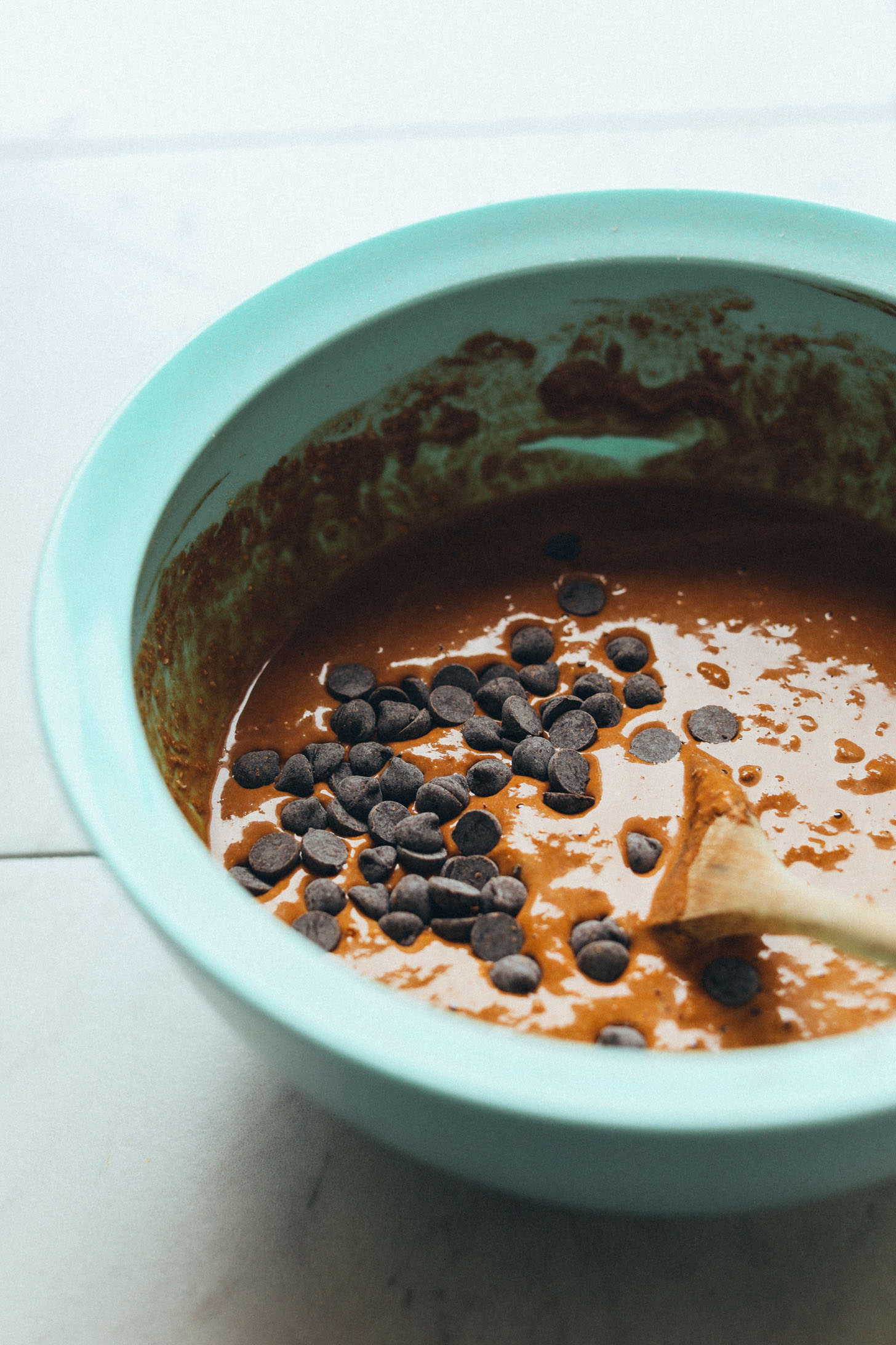Mixing bowl with Gluten-Free Vegan Chocolate Chocolate Chip Pancake batter