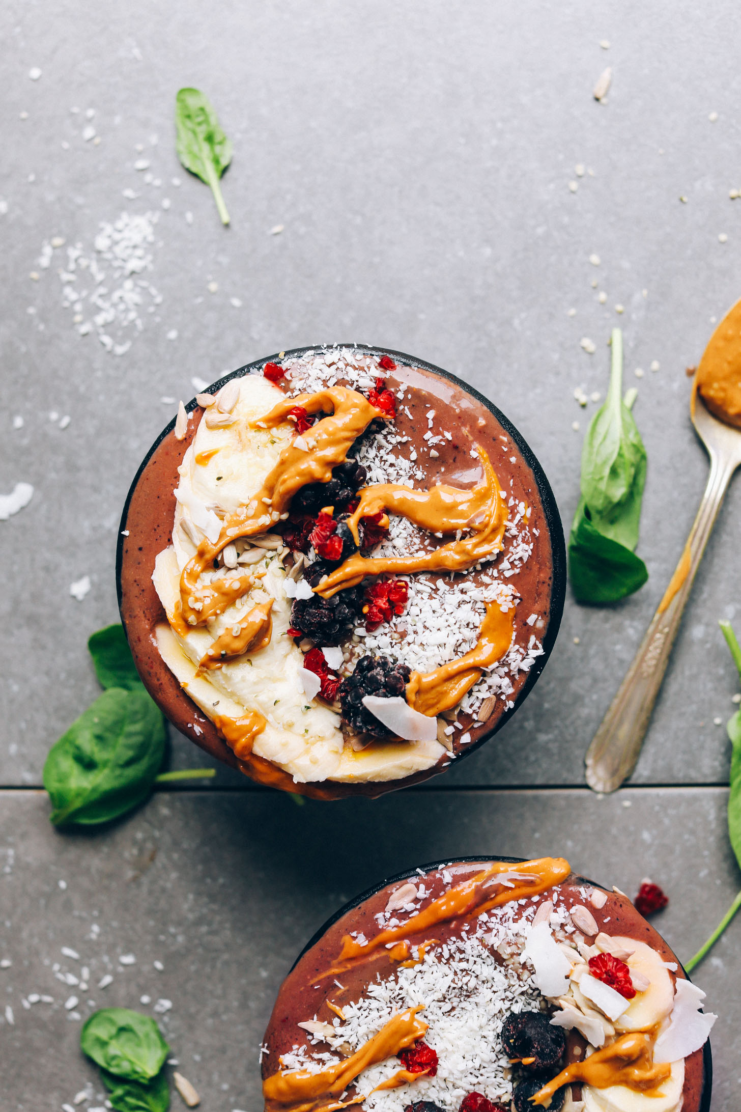 A big Peanut Butter & Jelly Acai Bowl for a plant-based breakfast