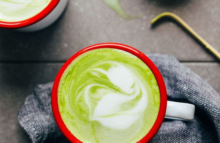 Close up shot showing the foamy latte art on my homemade matcha latte