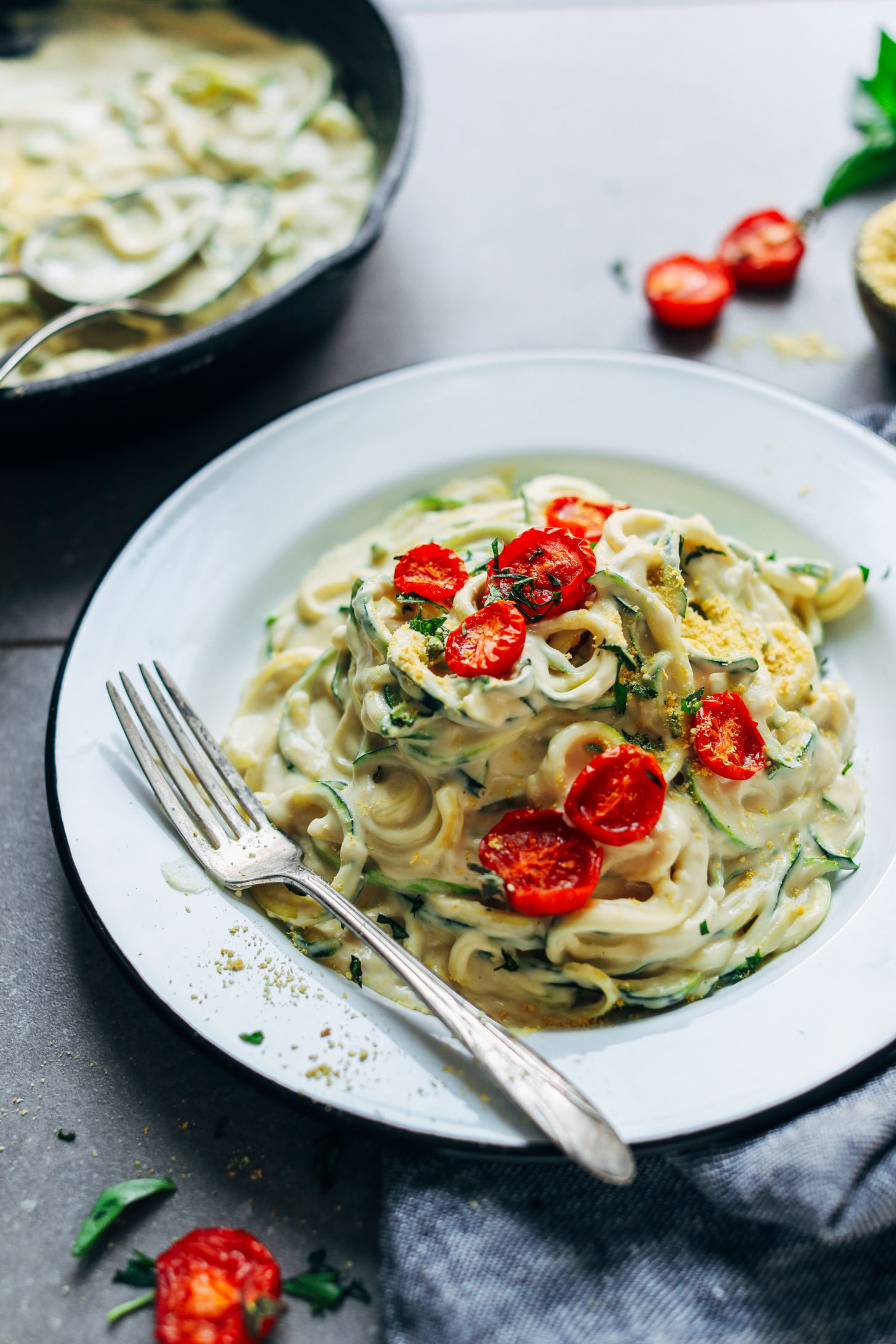 Dinner plate with a comforting portion of gluten-free 30-Minute Vegan Alfredo