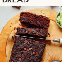 Partially sliced loaf of our gluten-free double chocolate zucchini bread