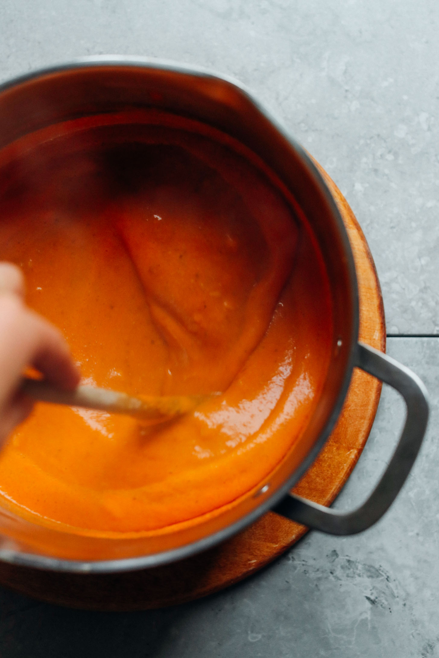 A big soup pot with smooth and creamy vegan Romesco Soup