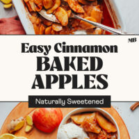 Baking dish and bowls of our easy cinnamon baked apples with scoops of vanilla ice cream