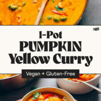 Pan and bowl of our 1-pot pumpkin yellow curry that's vegan and gluten-free