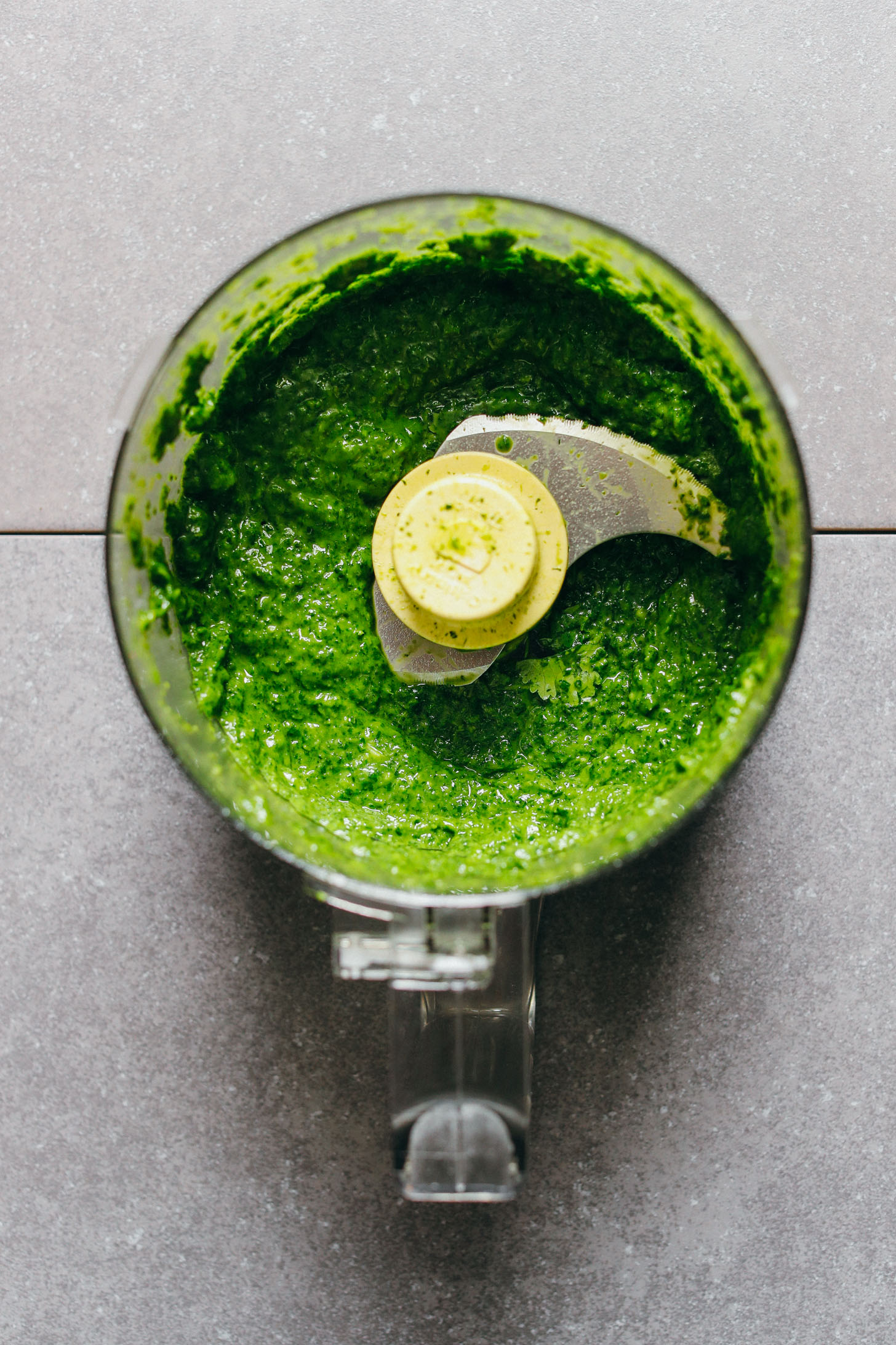 A food processor with freshly blended Chimichurri for making plant-based tacos