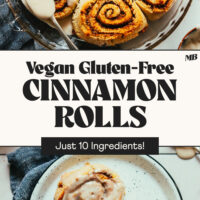 Baking pan and plate with vegan gluten-free cinnamon rolls made with just 10 ingredients