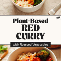 Two bowls of brown rice wit hour vegan roasted vegetable red curry