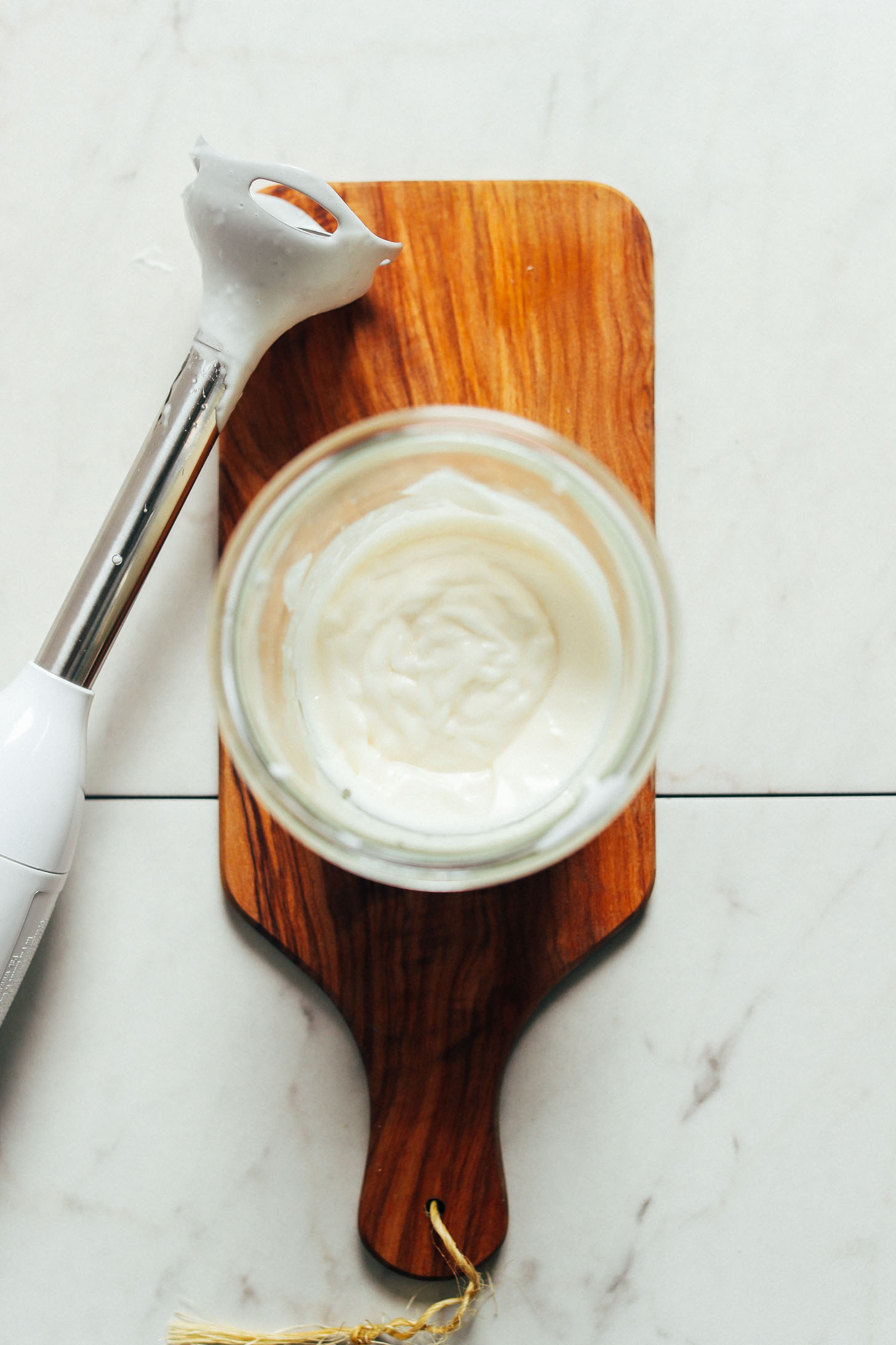 Jar of freshly blended homemade vegan mayonnaise