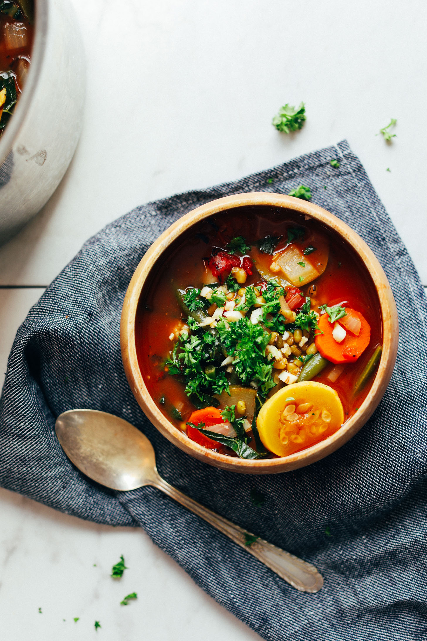 A single-serving bowl of our Fire-Roasted Tomato Veggie Mung Bean Soup garnished with fresh parsley