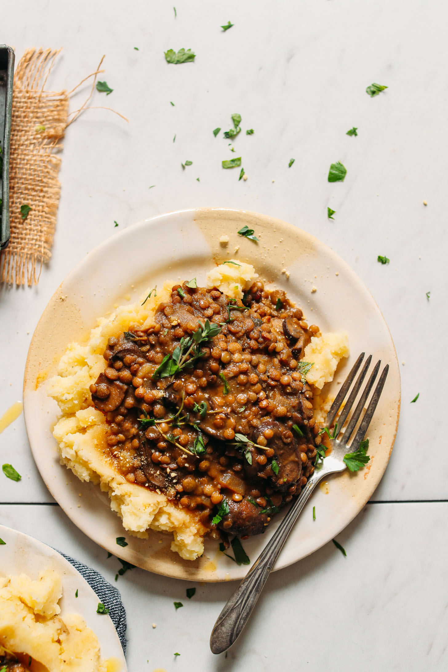 A hearty serving of fiber- and protein-packed Lentil Mushroom Stew Over Mashed Potatoes