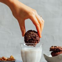 Dipping a Vegan Brownie Cookie into almond milk
