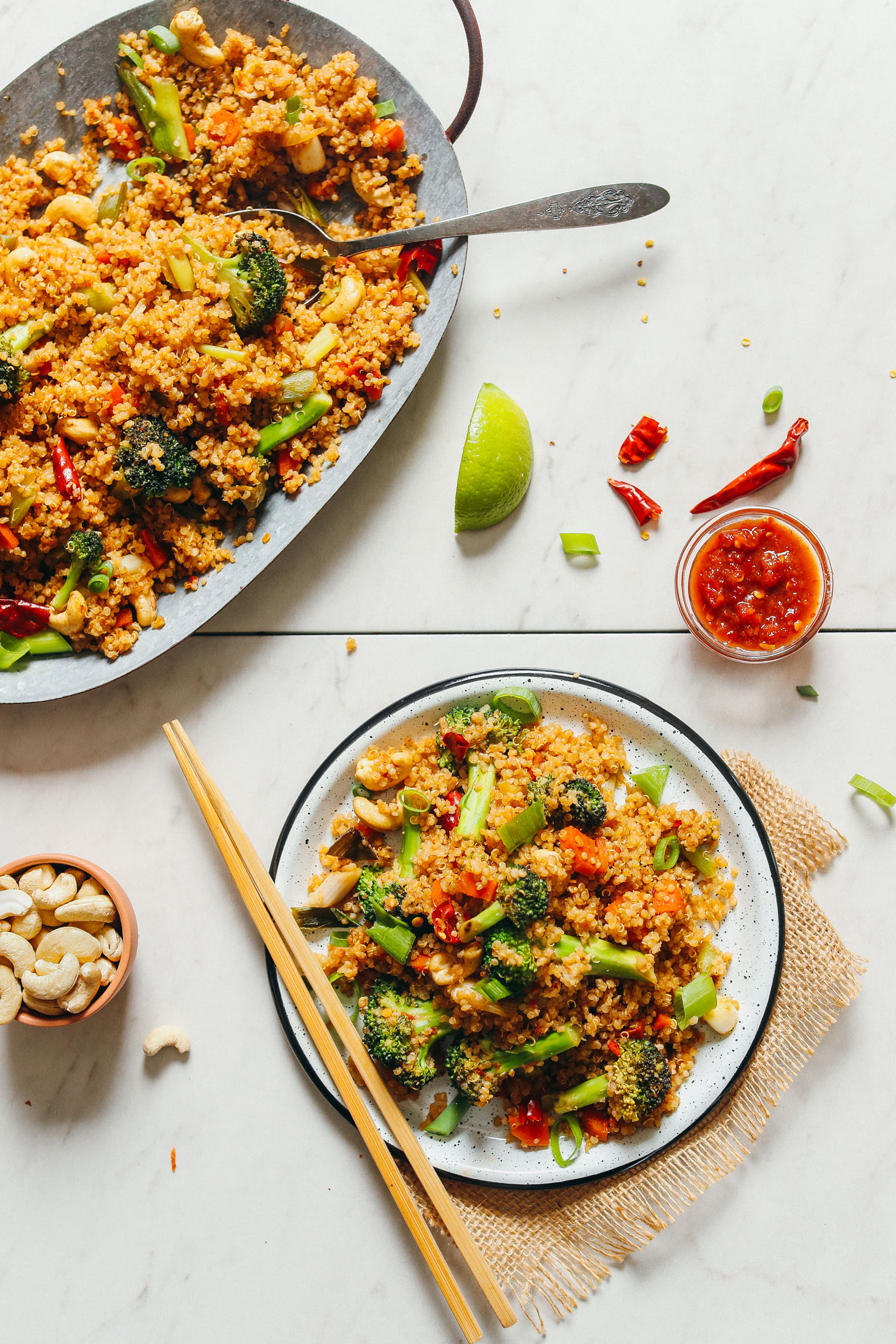 Platter and serving of vegan quinoa fried rice