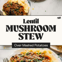 Plates of our vegan lentil mushroom stew served over mashed potatoes