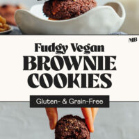 Stack of our fudgy vegan brownie cookies and another cookie getting dipped in almond milk with text that says gluten- and grain-free