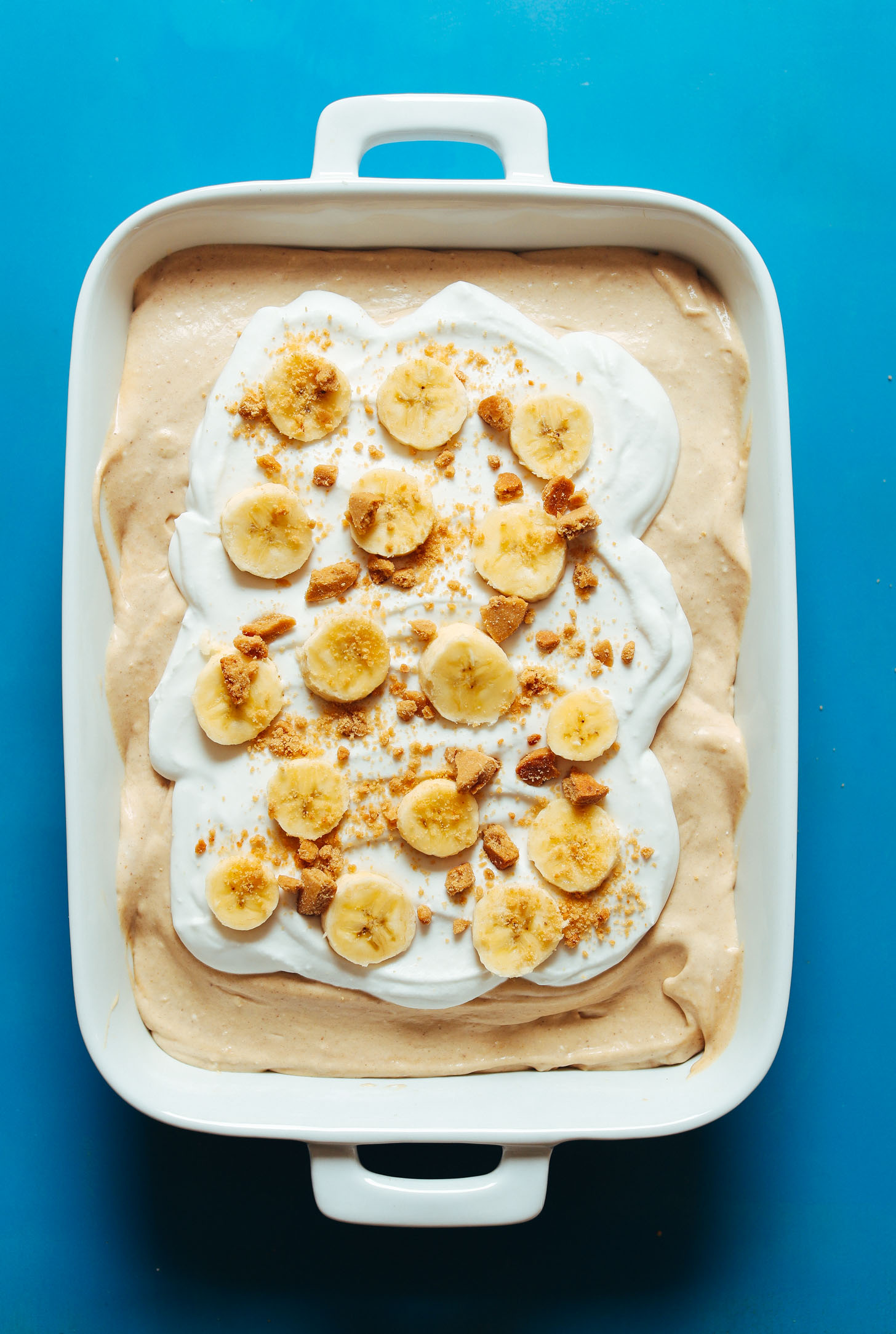 Dish filled with a batch of our incredible Vegan Gluten-Free Peanut Butter Banana Pudding