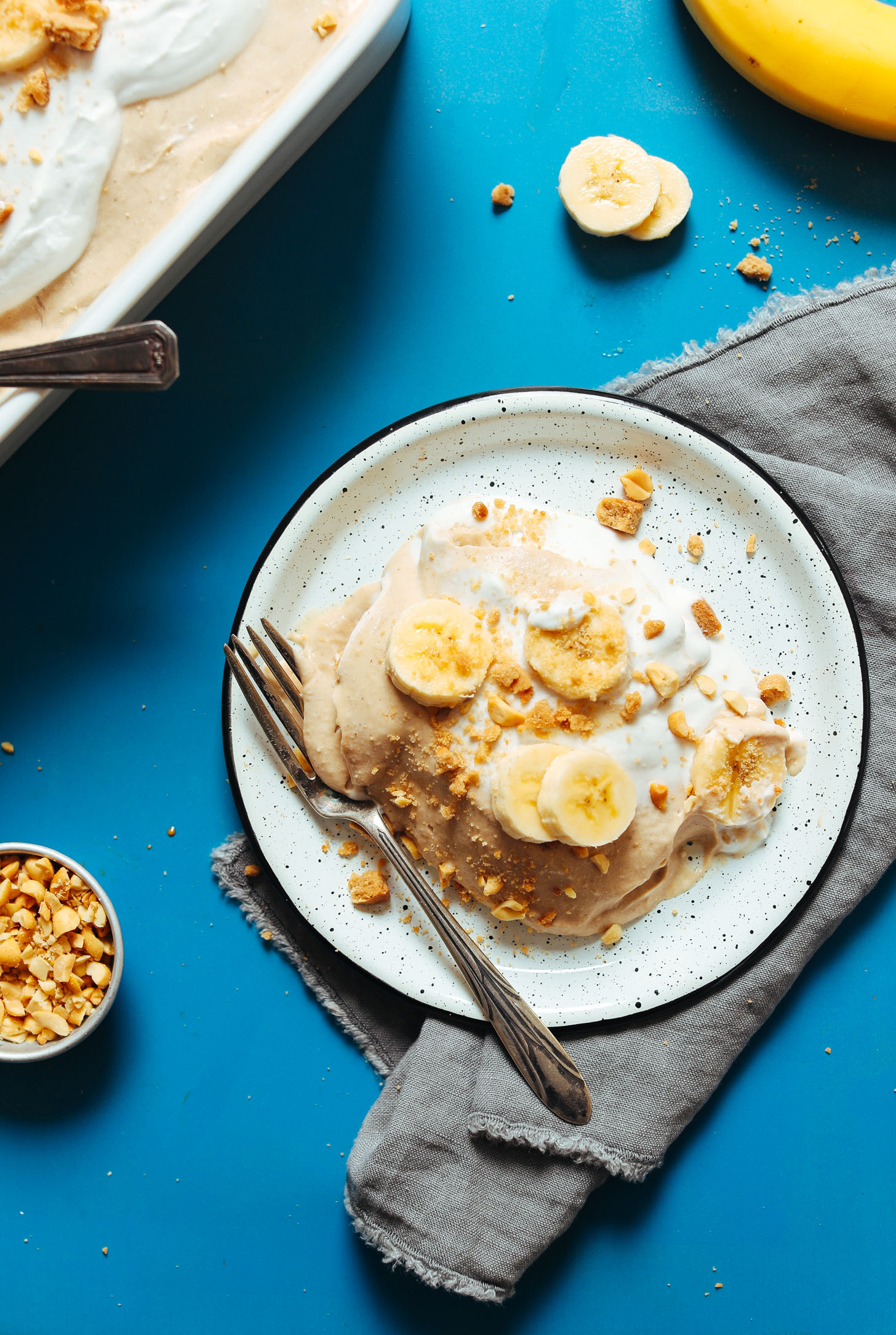 Dessert plate filled with a serving of our delicious No Bake Peanut Butter Banana Pudding
