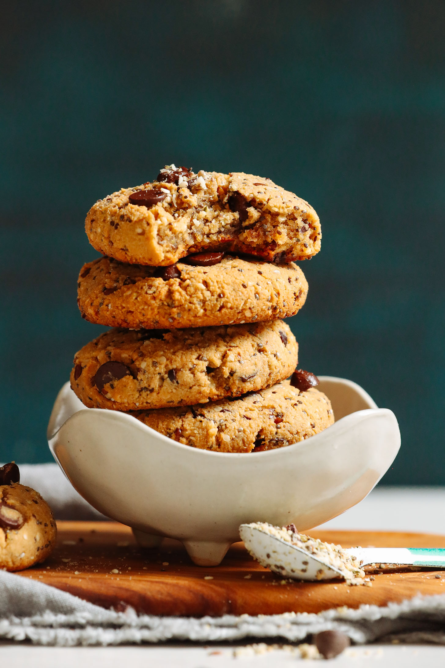 Bowl of stacked delicious homemade trail mix cookies