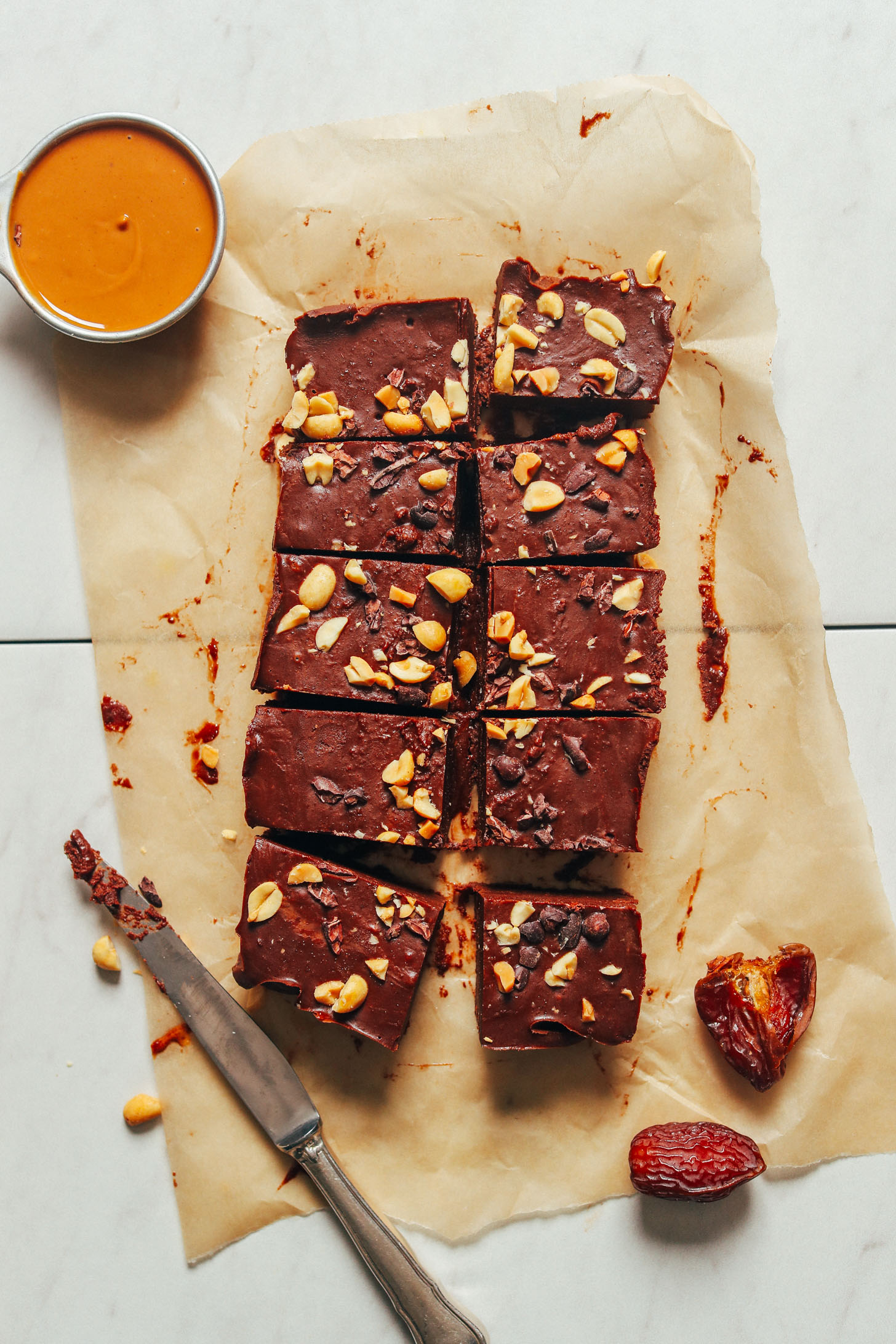 Freshly sliced squares of our 4-Ingredient Vegan Chocolate Peanut Butter Fudge recipe