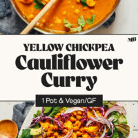 Photos of our 1-pot vegan and gluten-free Yellow Chickpea Cauliflower Curry in a rimmed skillet and on a platter over greens