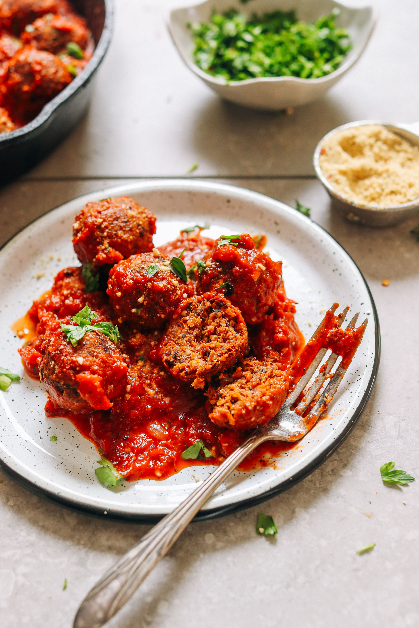 Dinner plate filled with delicious homemade vegan meatballs